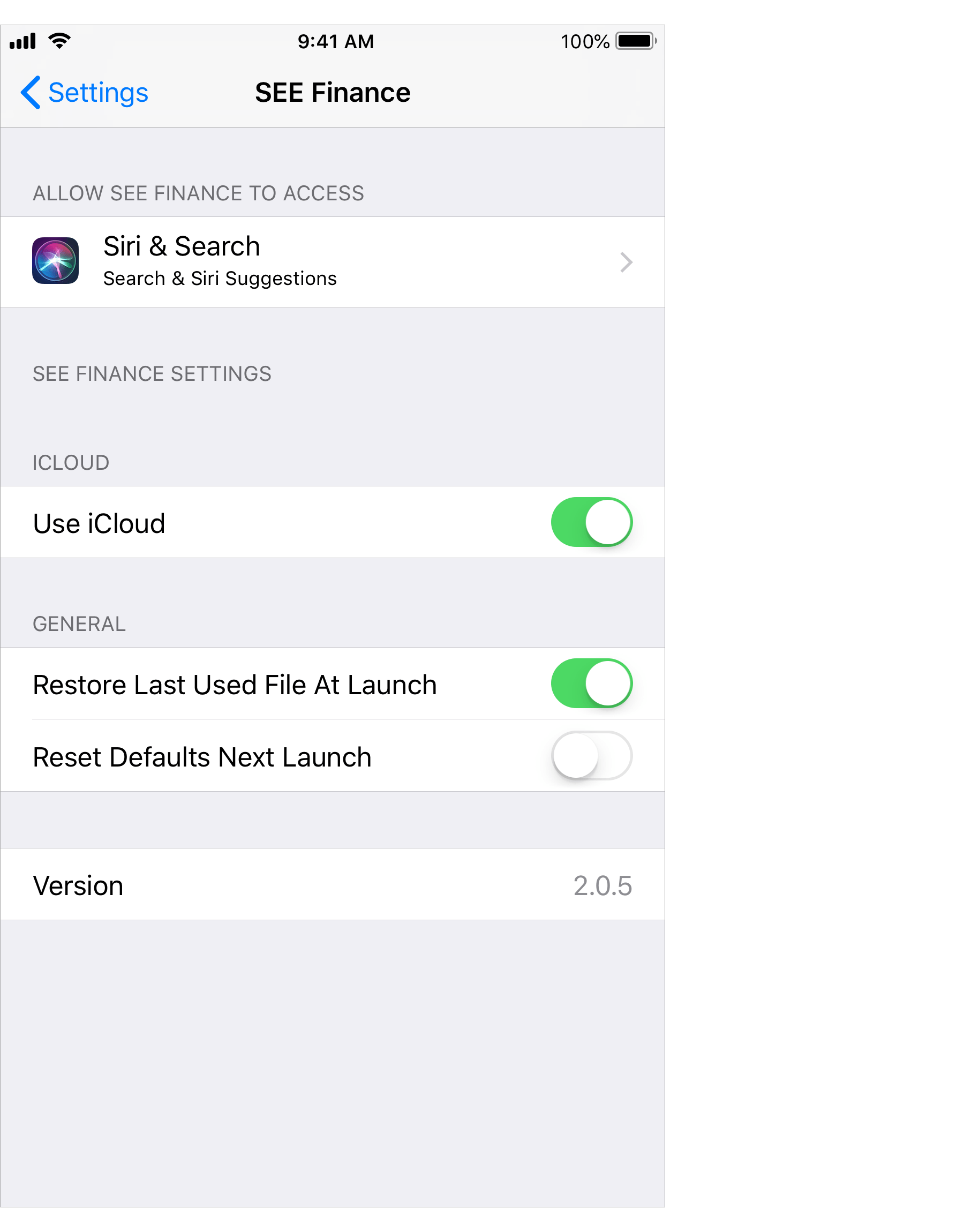SEE Finance iOS Settings