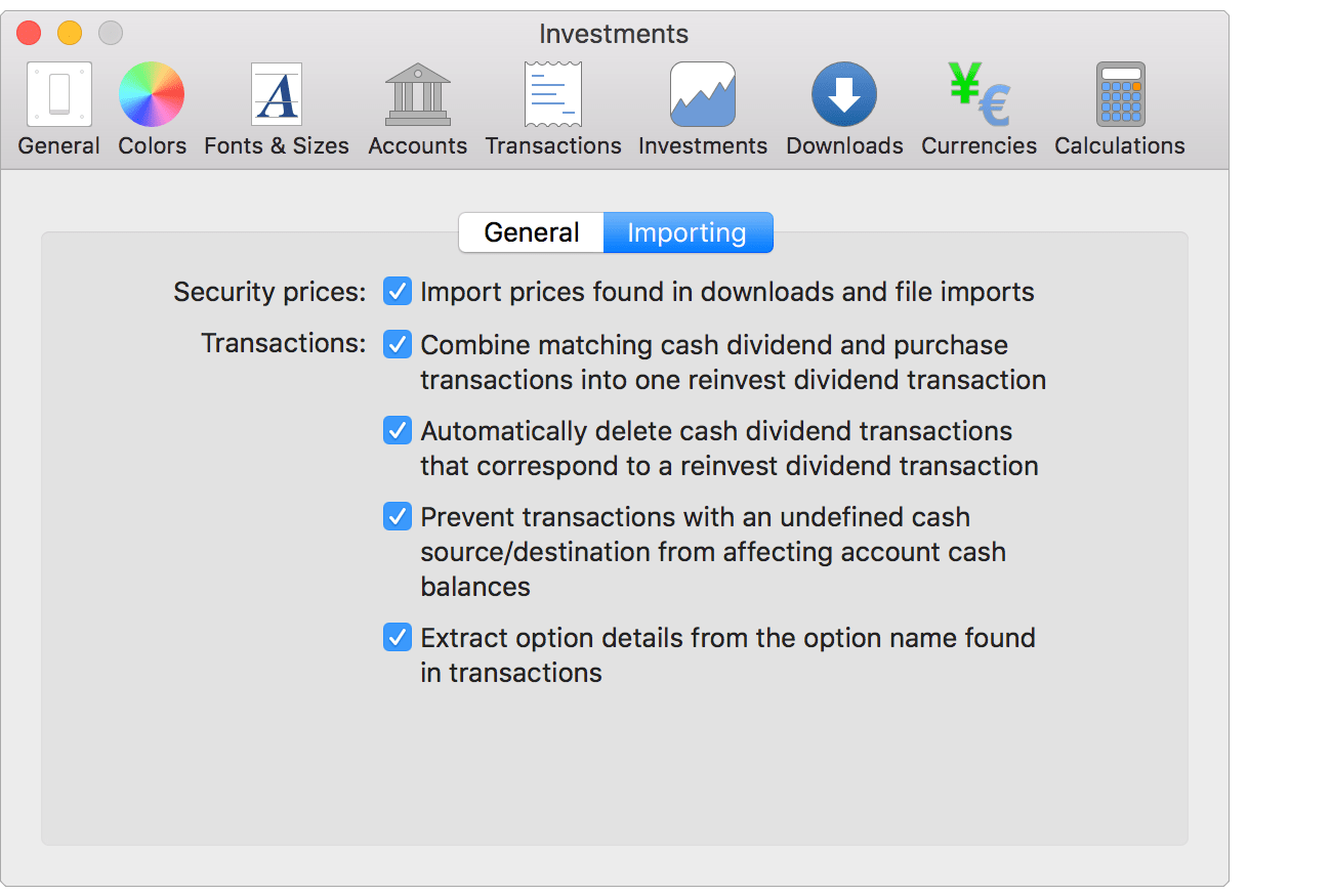 Investments - Importing Preferences