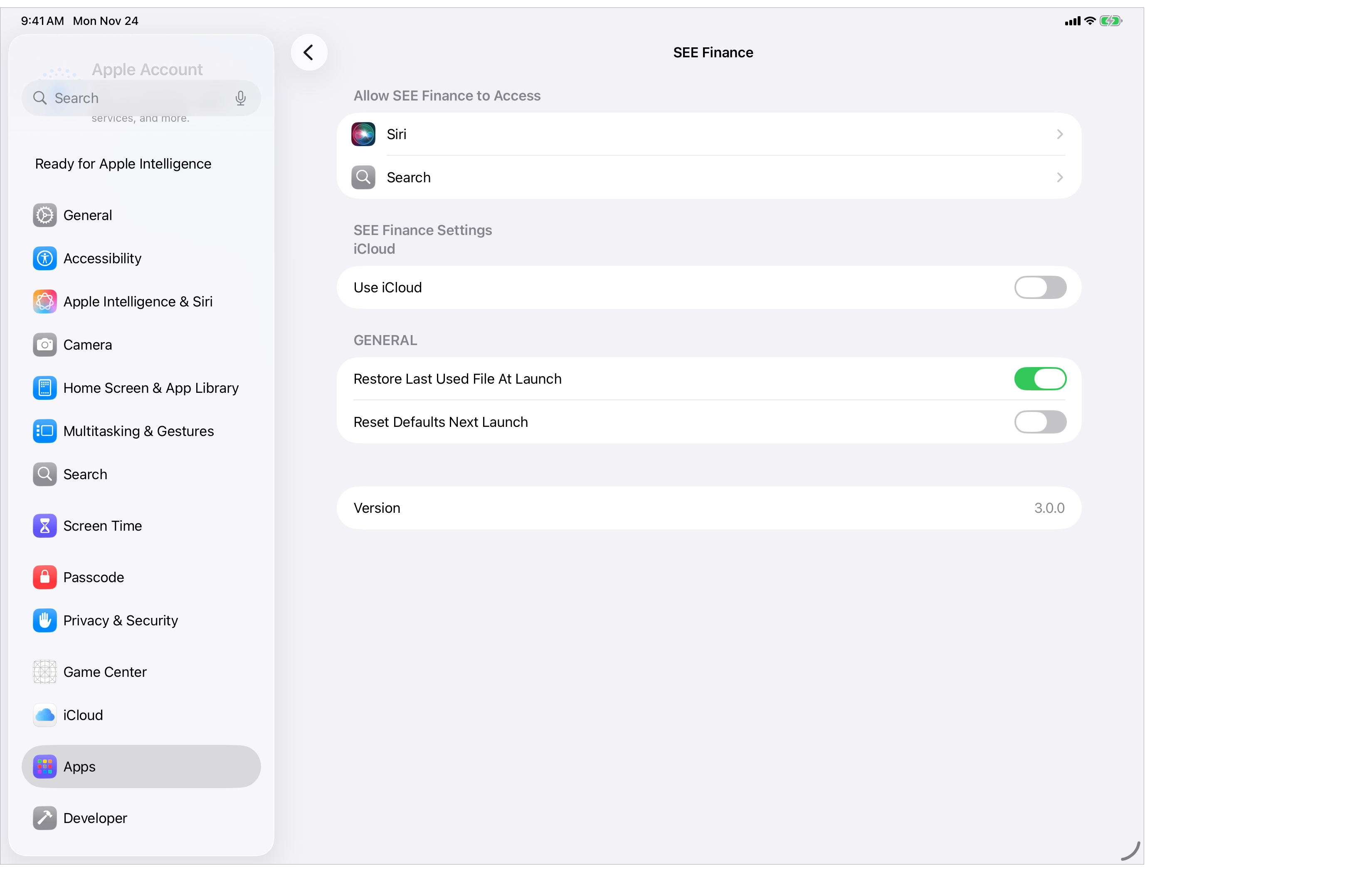 SEE Finance iOS Settings