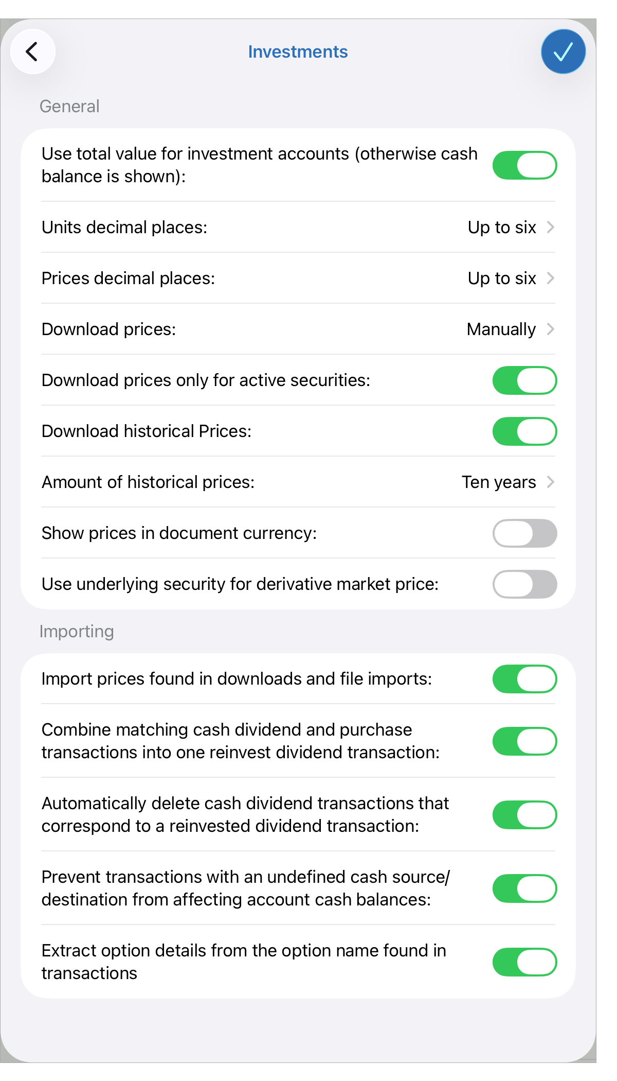 Investments Settings
