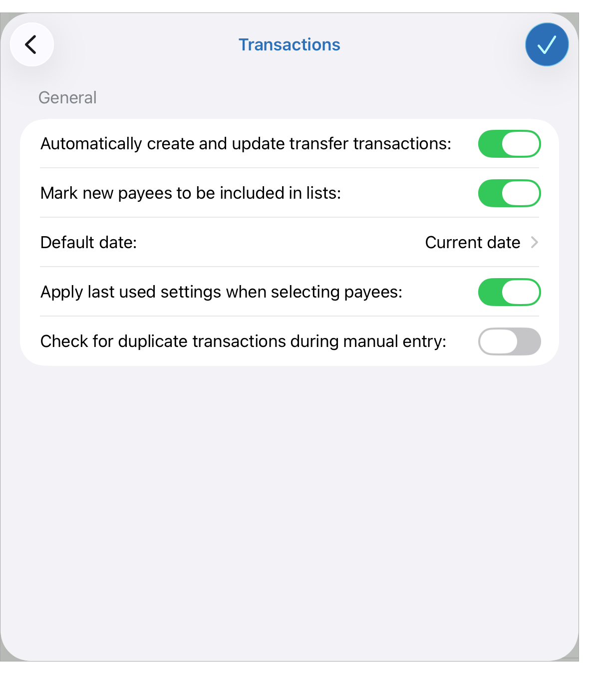 Transactions Settings