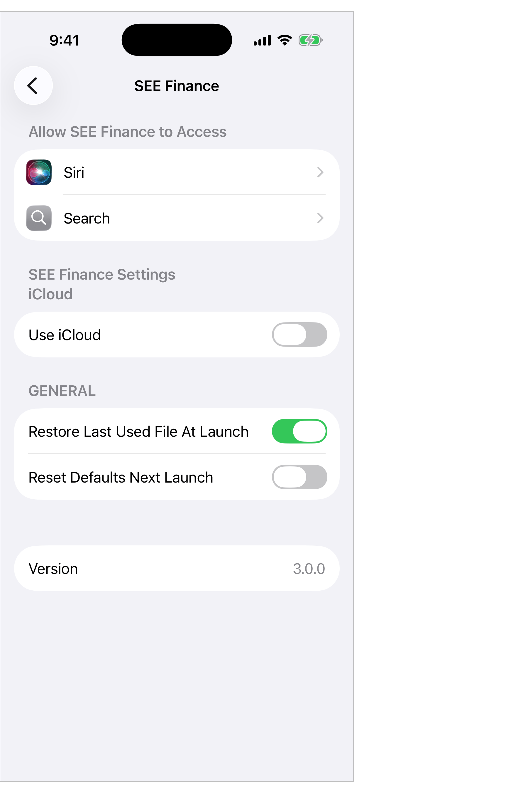 SEE Finance iOS Settings
