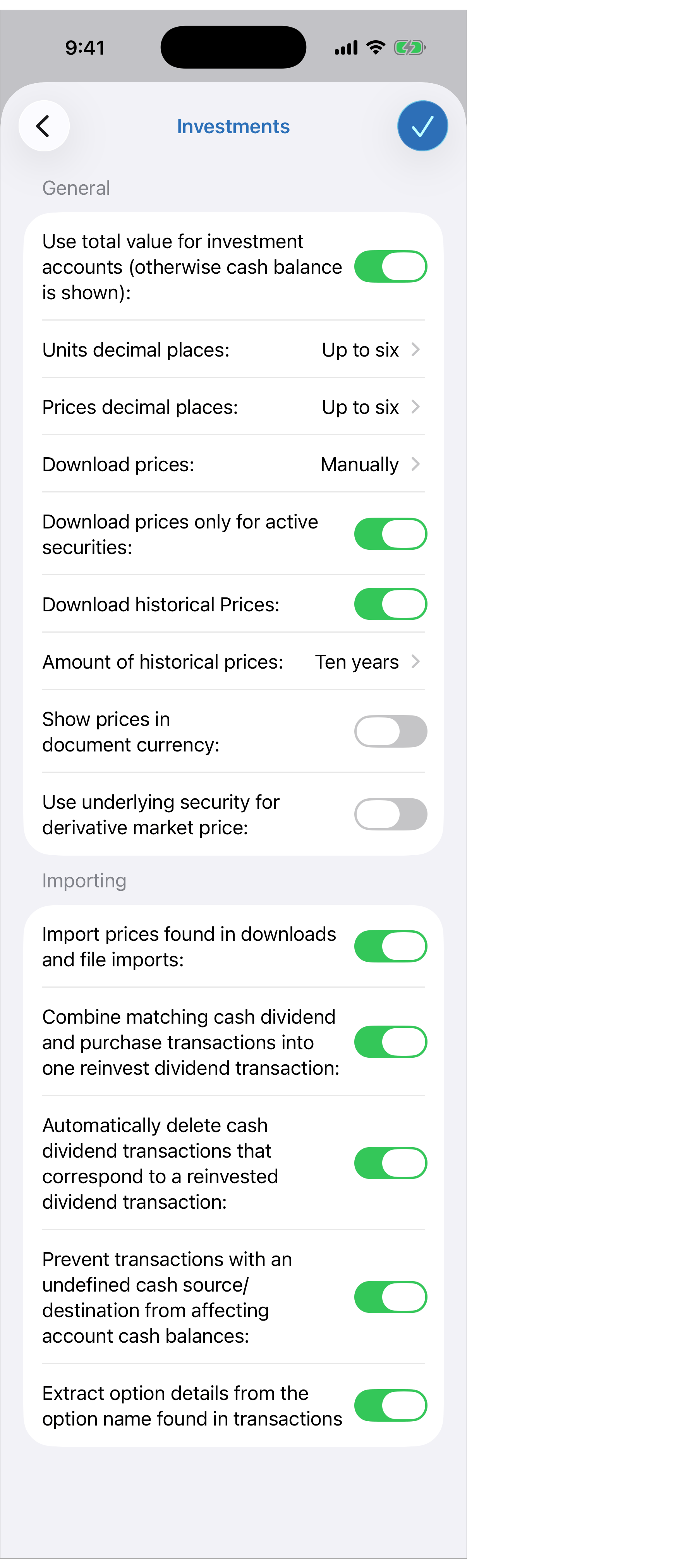 Investments Settings