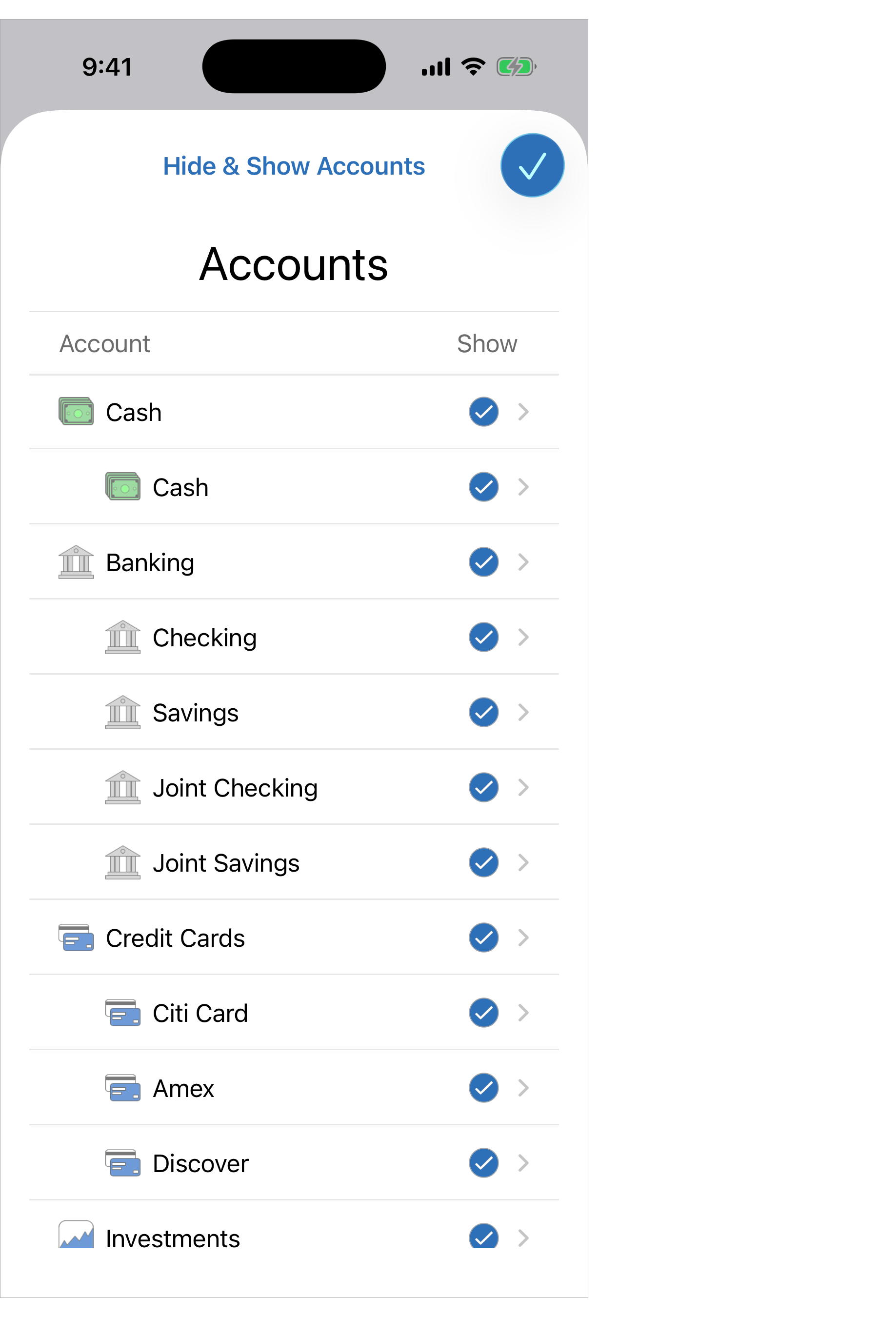 Hide and Show Accounts