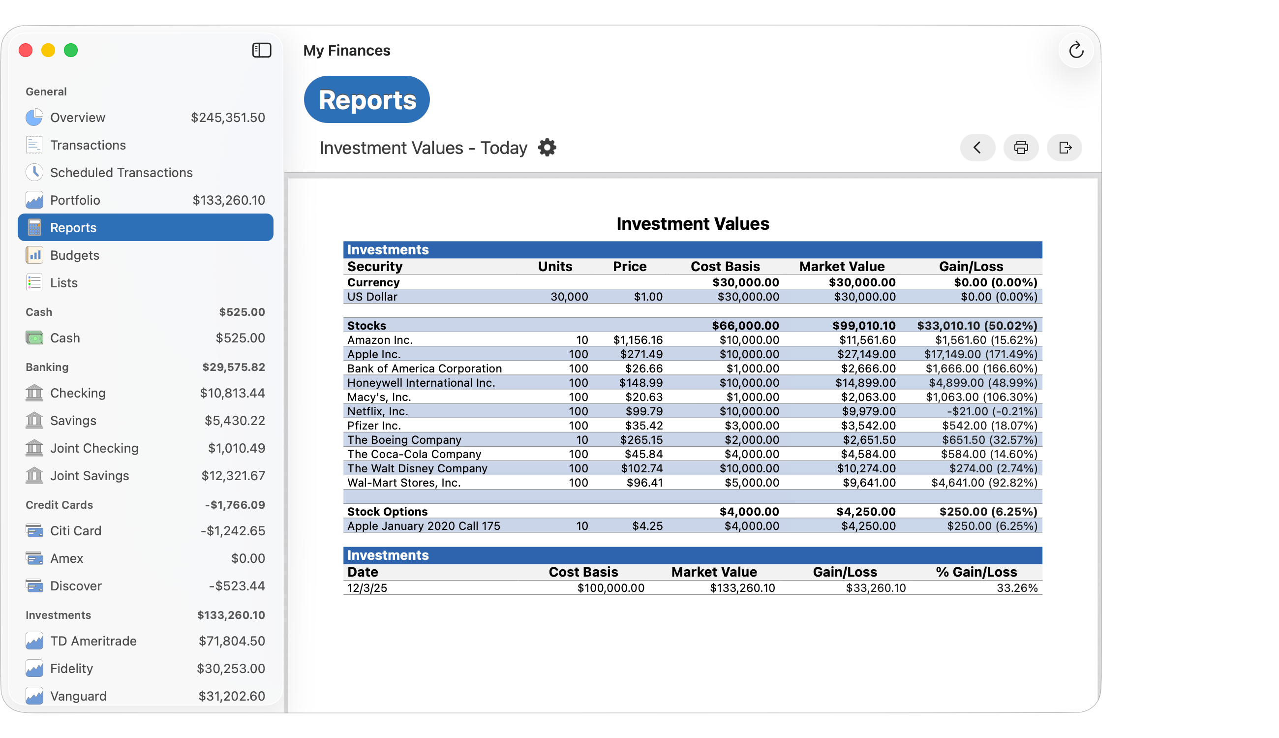 Investment Values Report