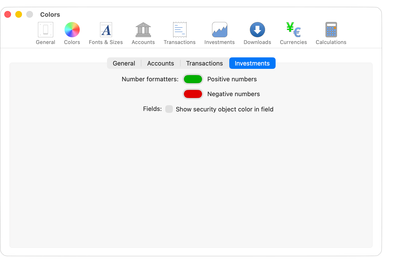 Colors - Investments Settings