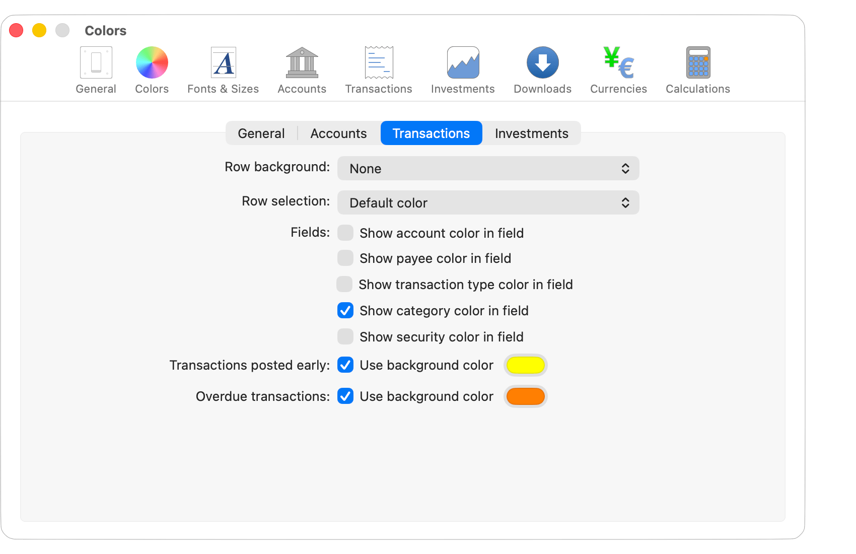 Colors - Transactions Settings