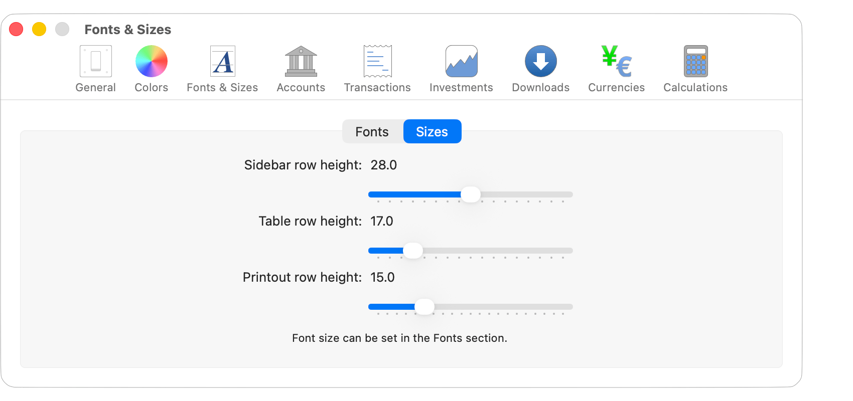 Fonts & Sizes - Sizes Settings
