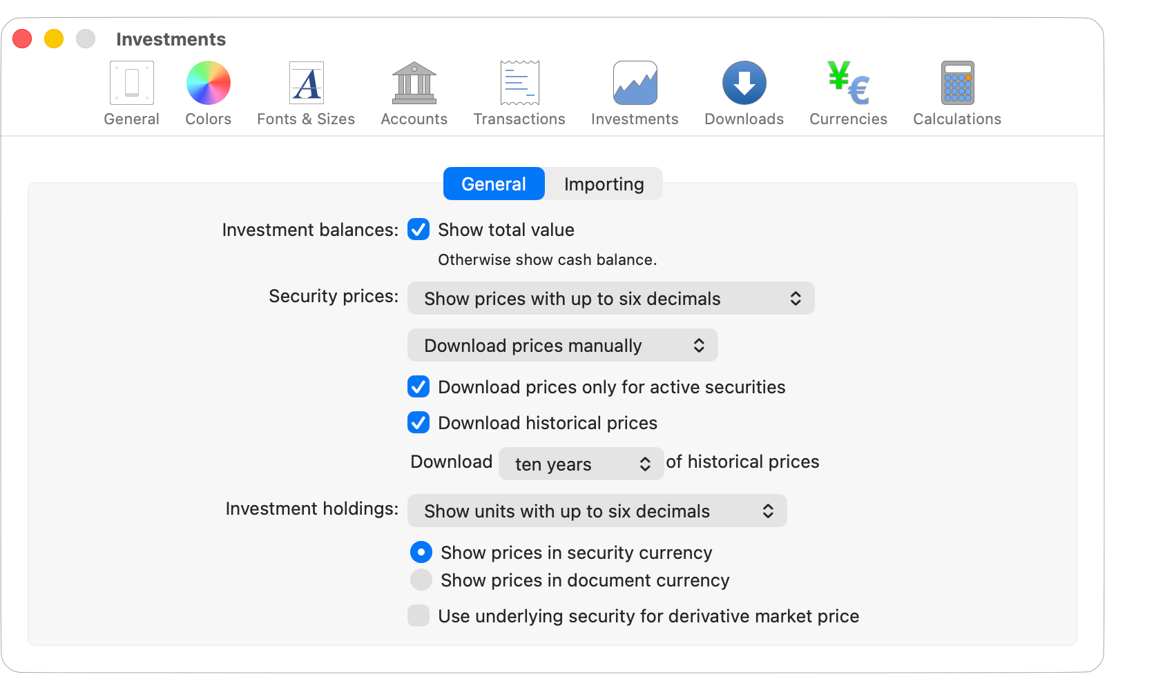 Investments - General Settings
