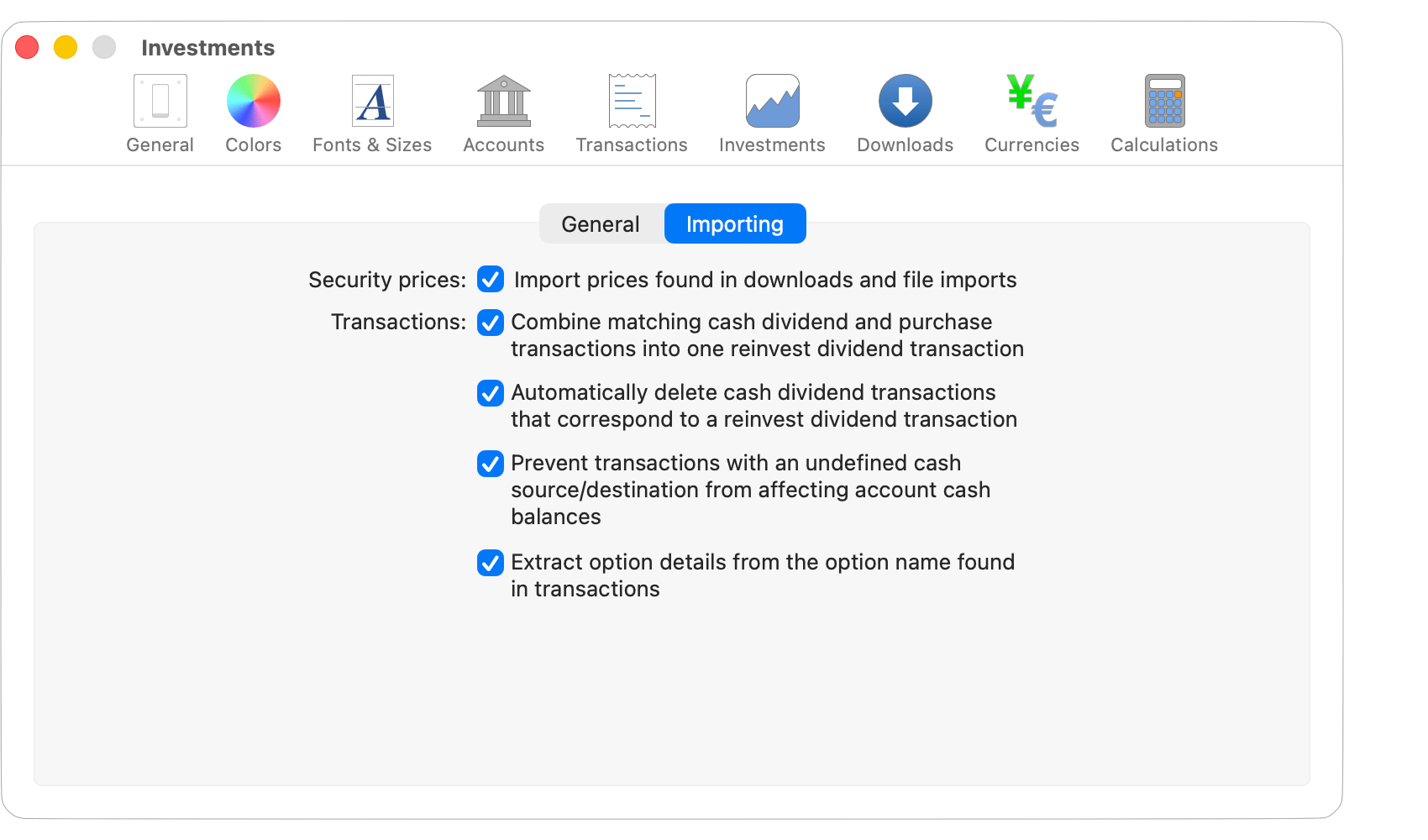 Investments - Importing Settings