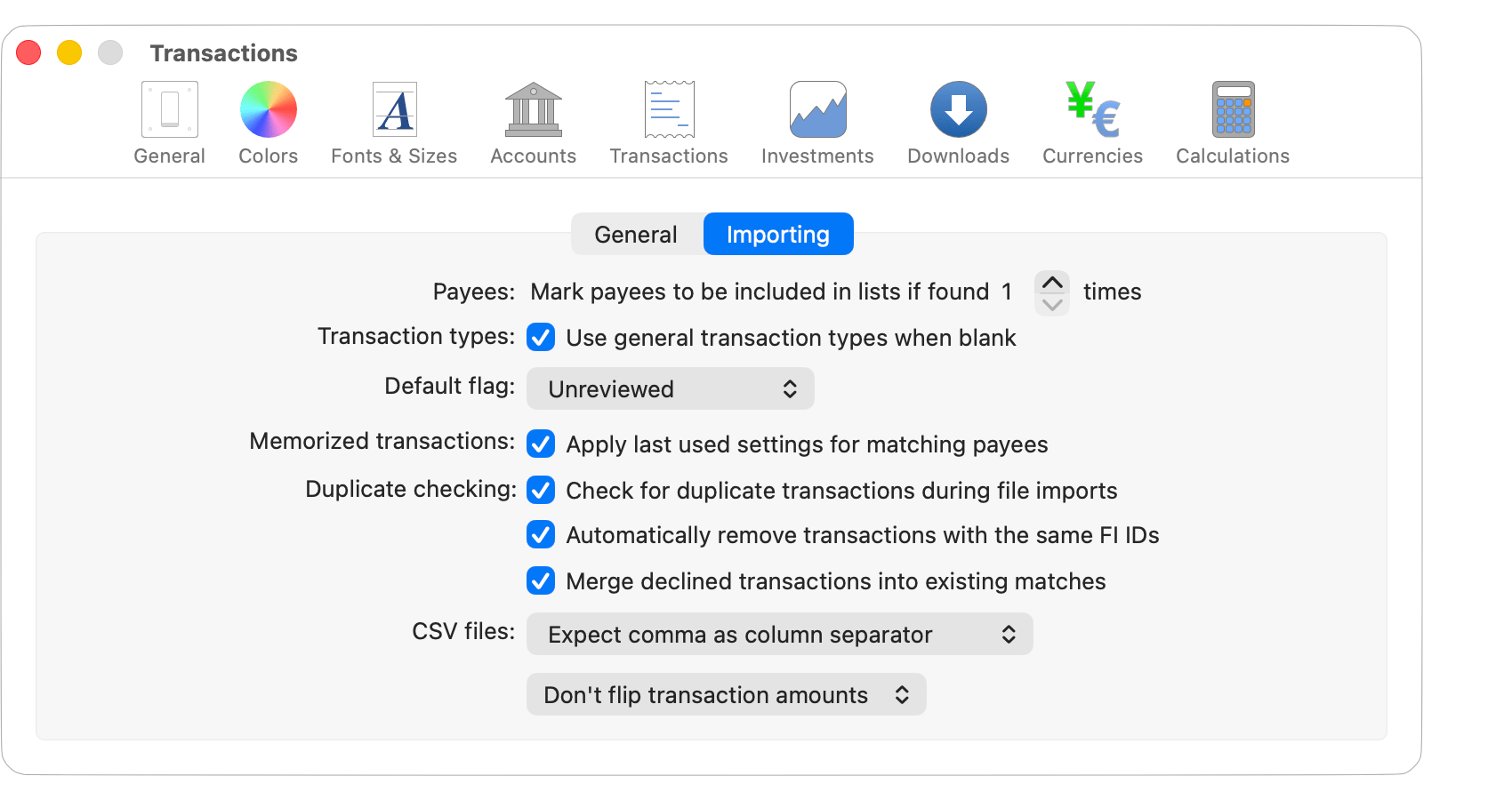Transactions - Importing Settings