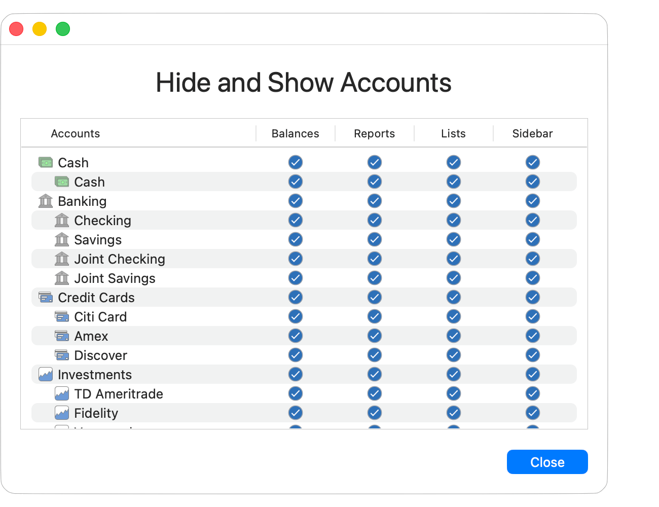 Hide and Show Accounts