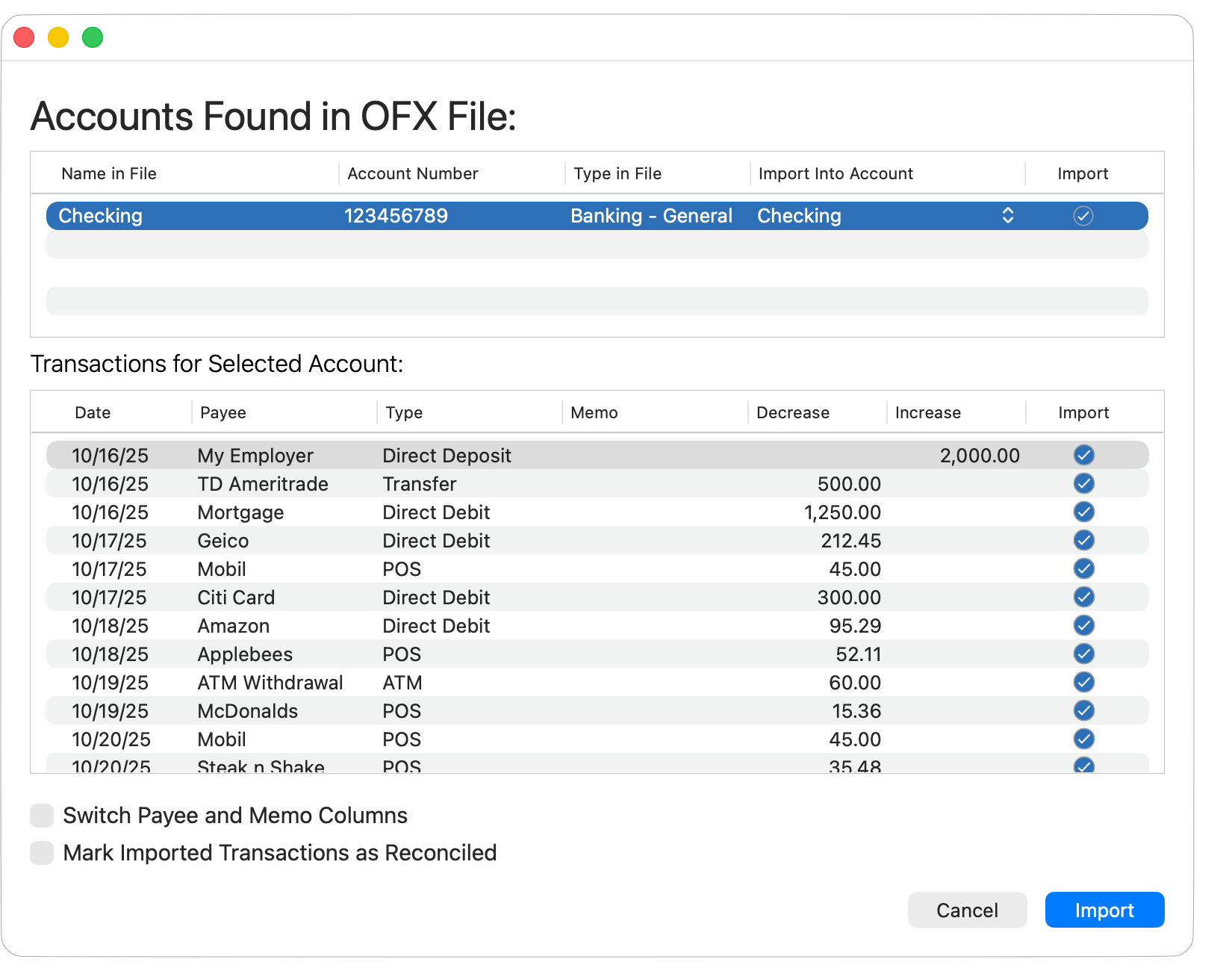 Import Accounts from OFX File
