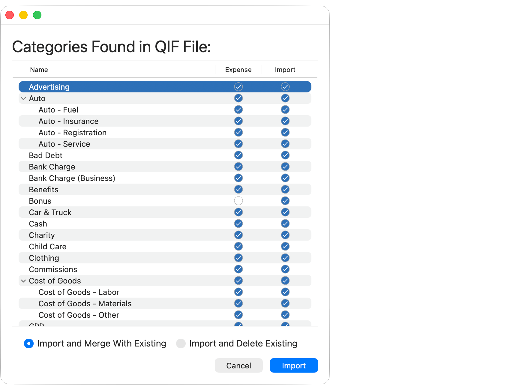 Import Categories from QIF File