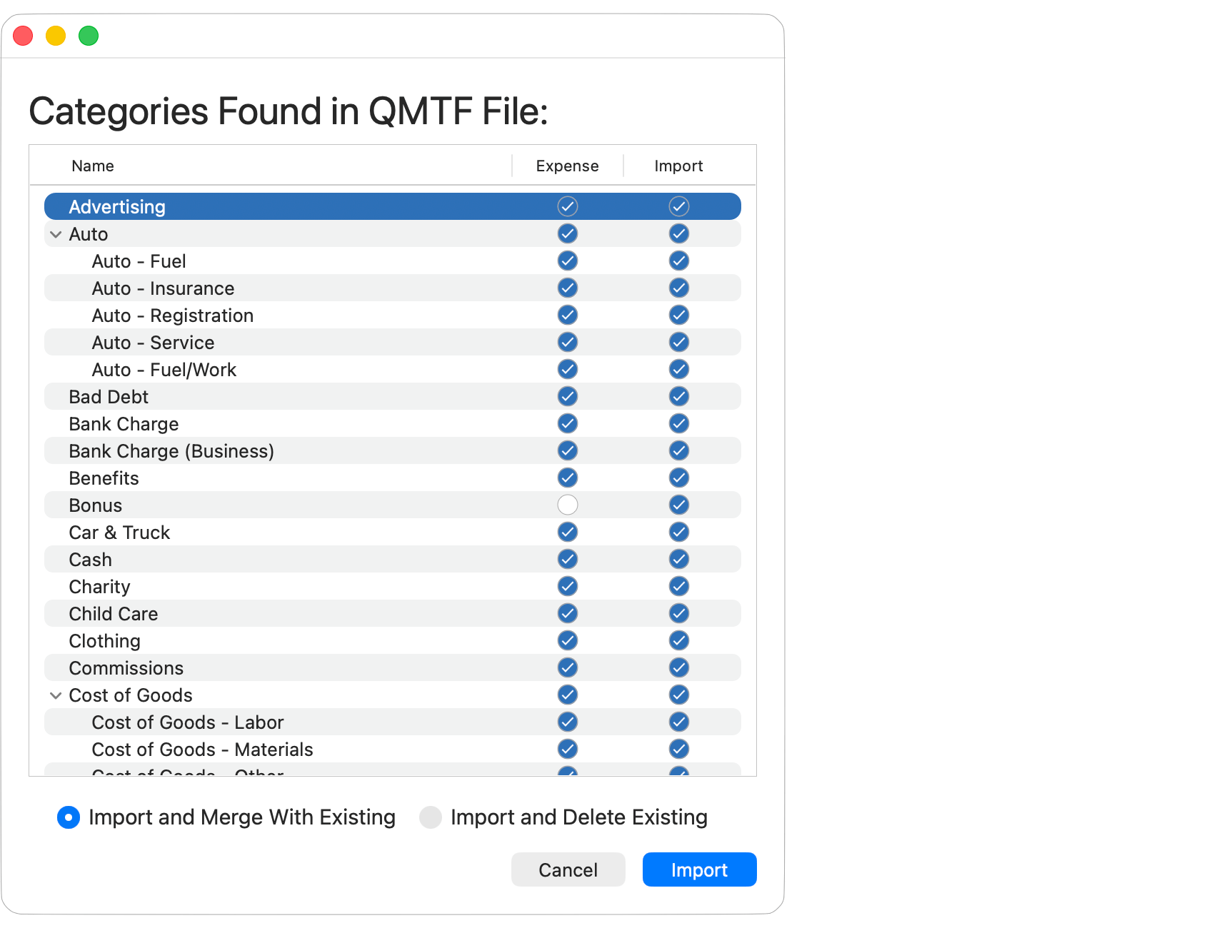 Import Categories from QMTF File