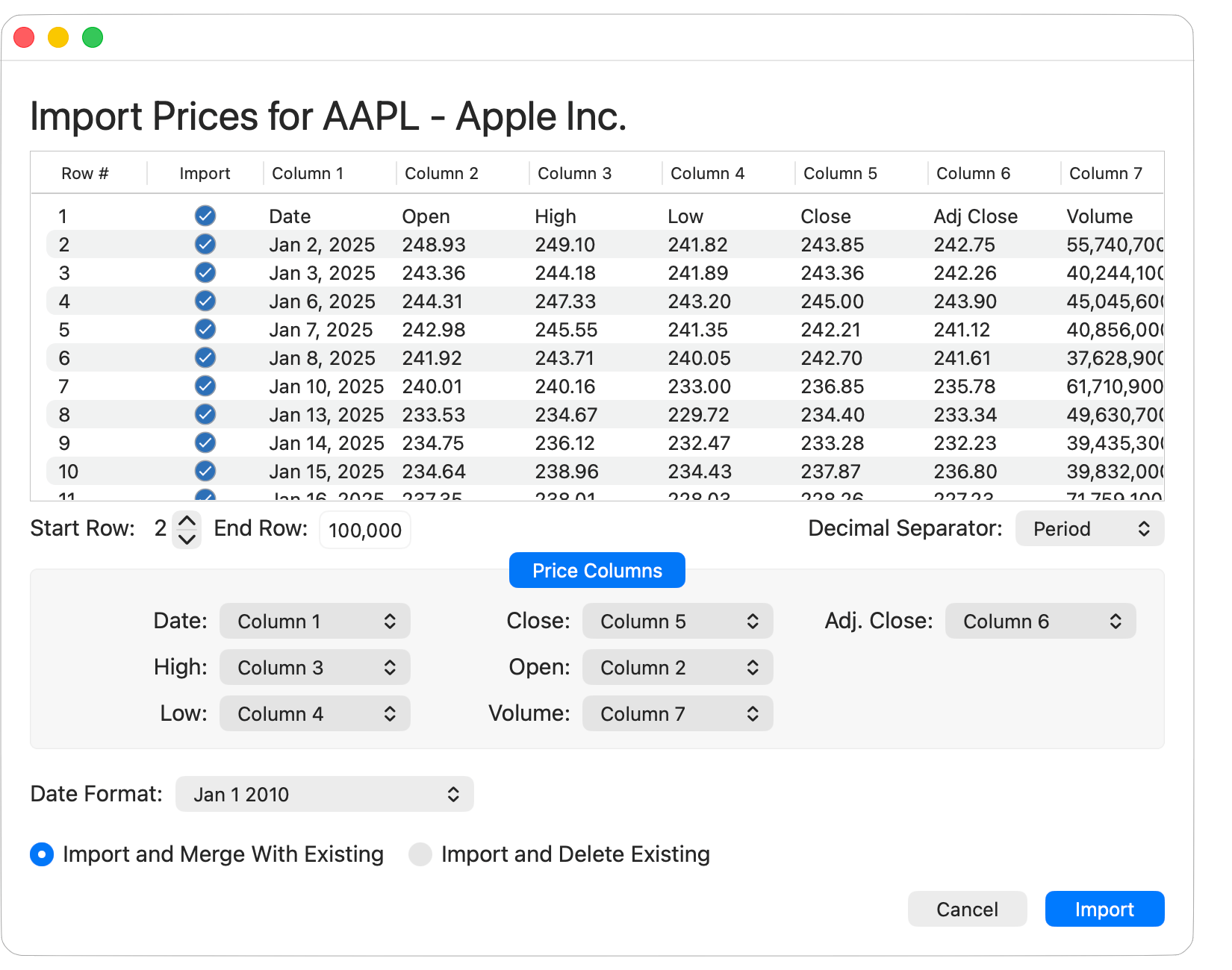 Import Historical Prices from CSV File