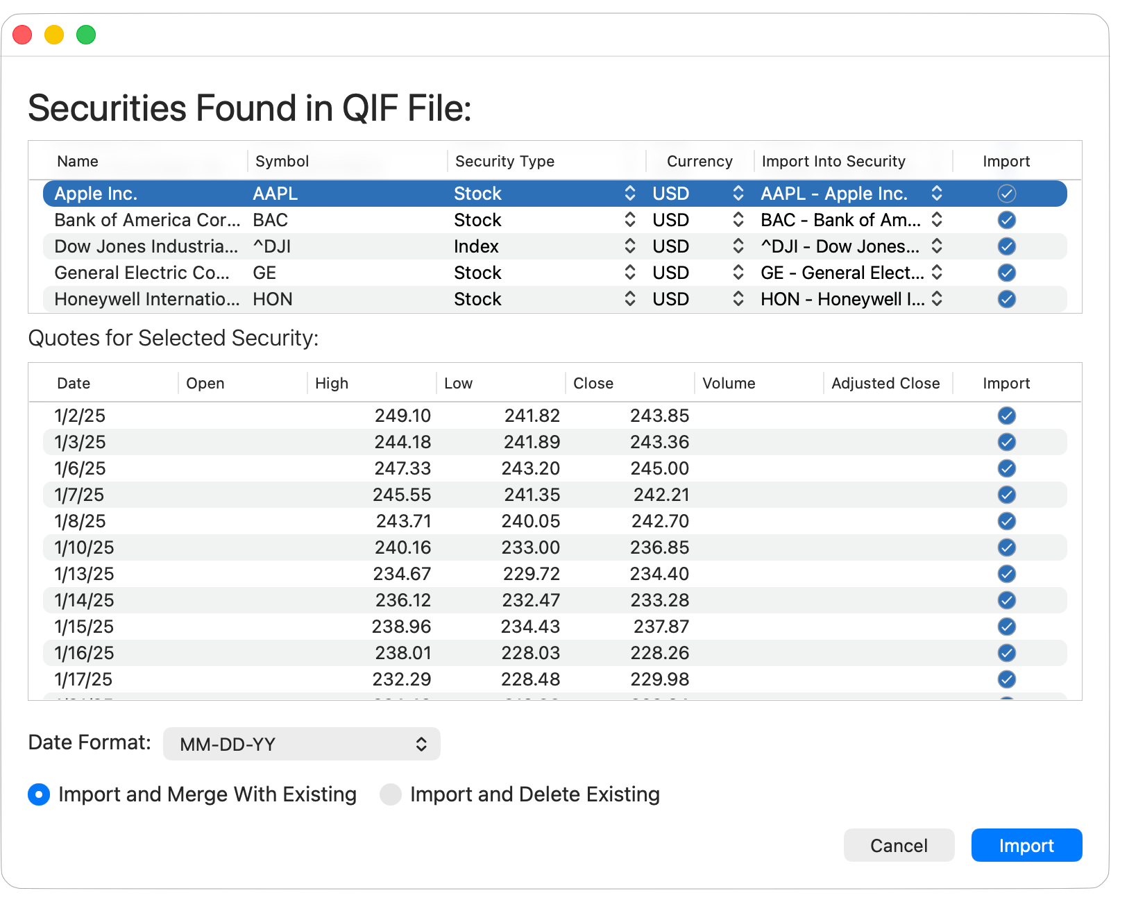 Import Historical Prices from QIF File
