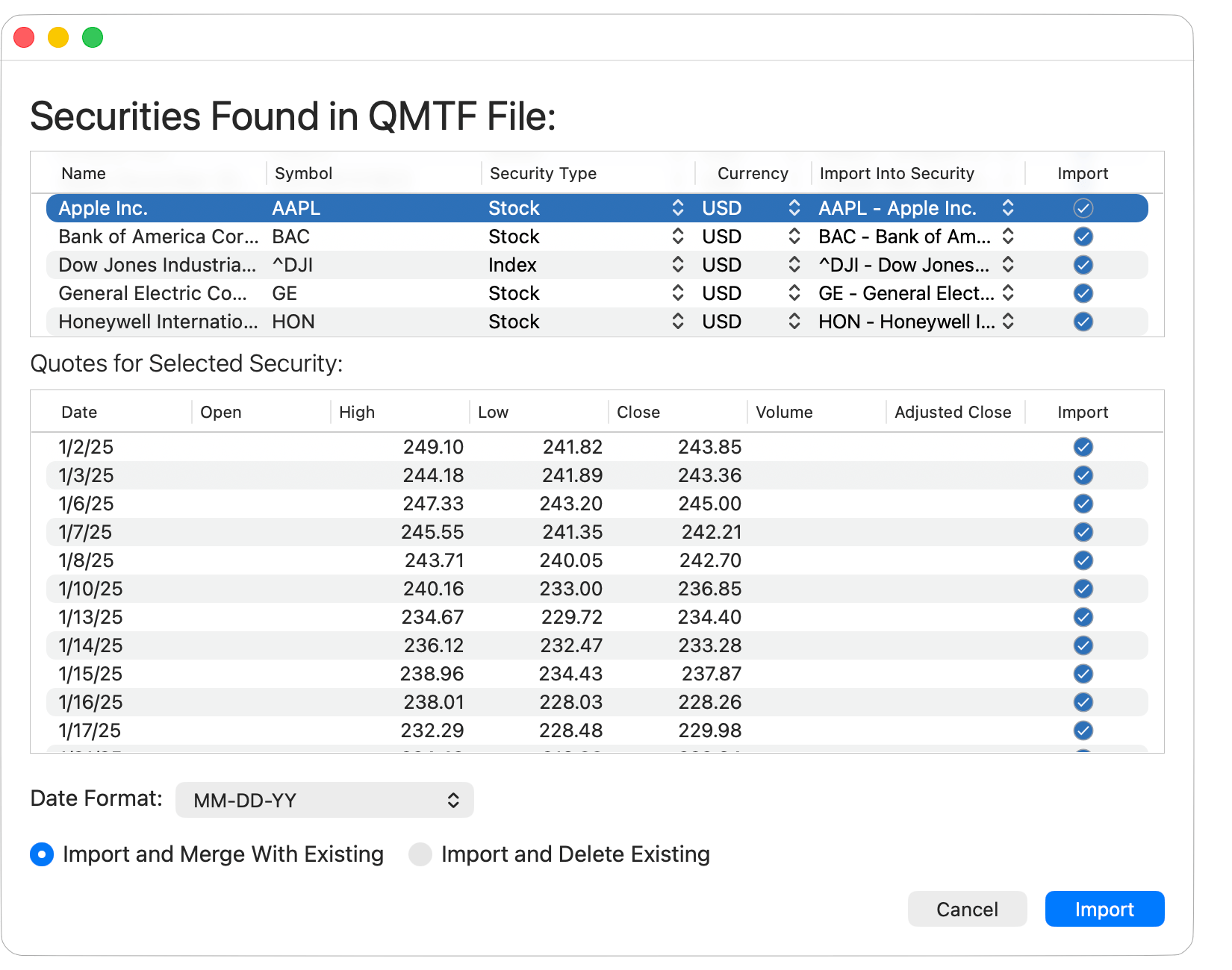 Import Historical Prices from QMTF File