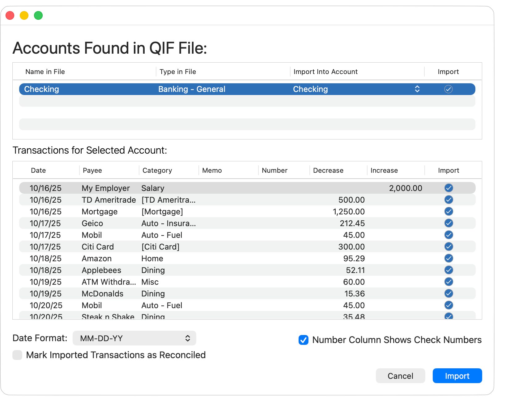 Import Transactions from QIF File