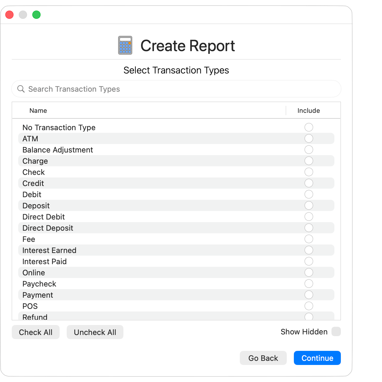 Select Transaction Types