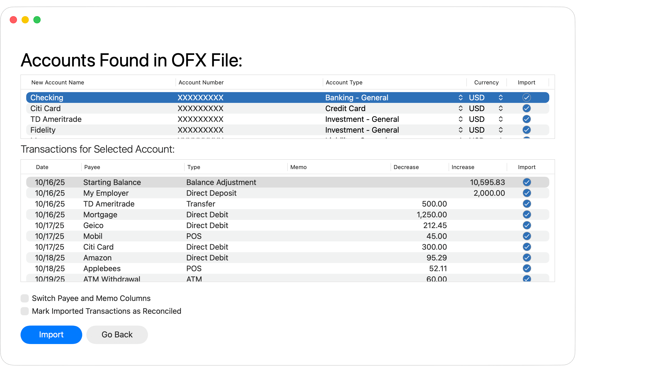 Import Accounts from OFX File