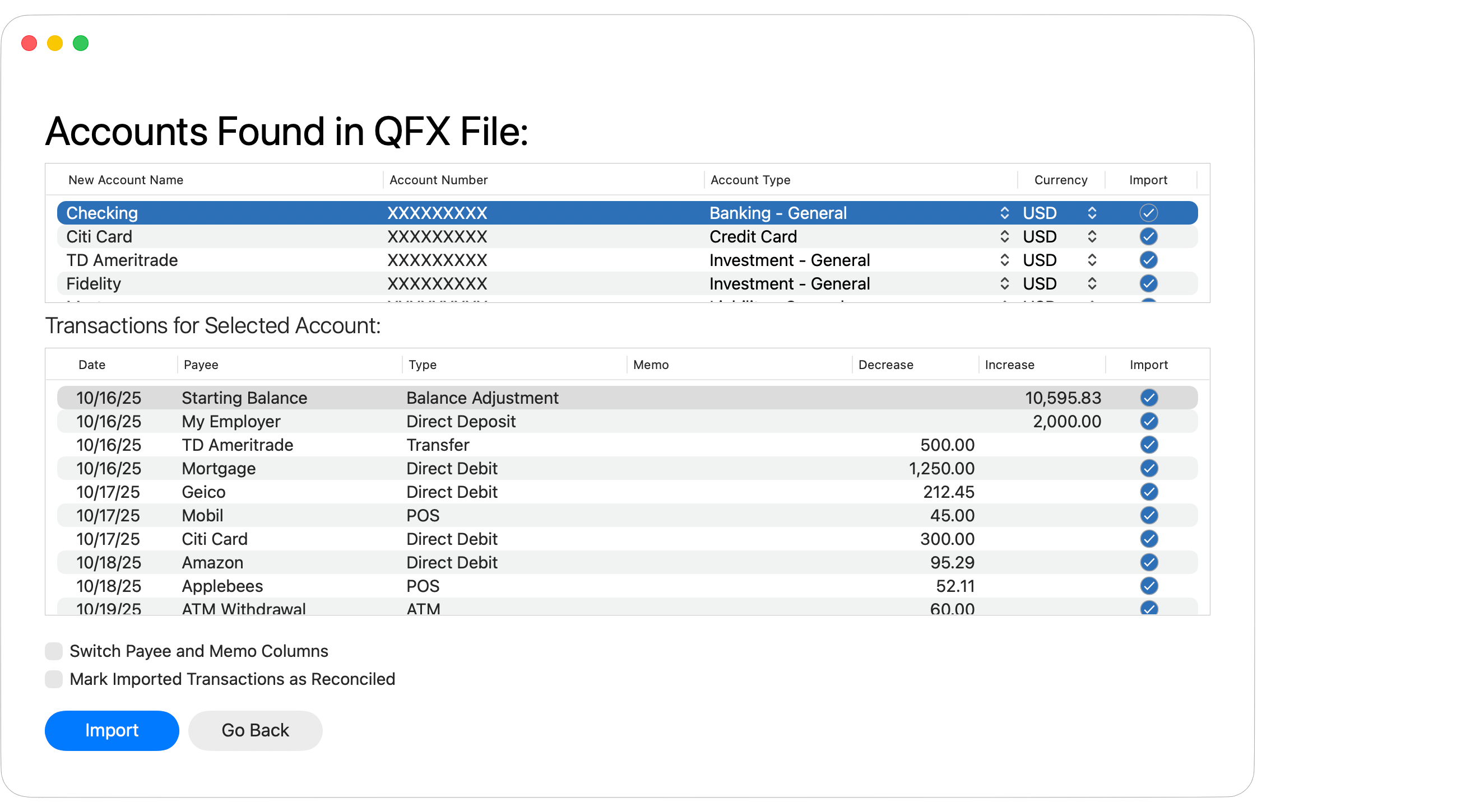 Import Accounts from QFX File