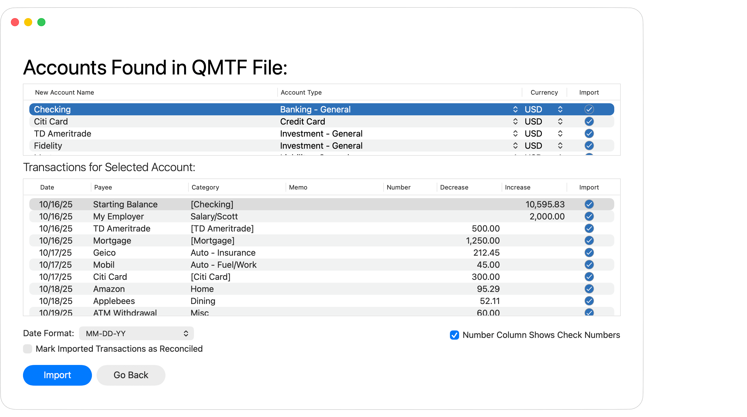 Import Accounts from QMTF File