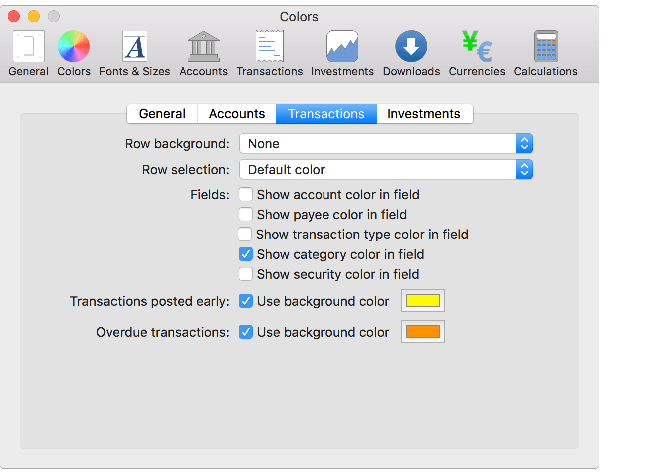Colors - Transactions Preferences