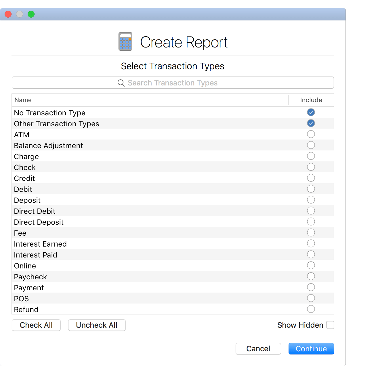 Select Transaction Types