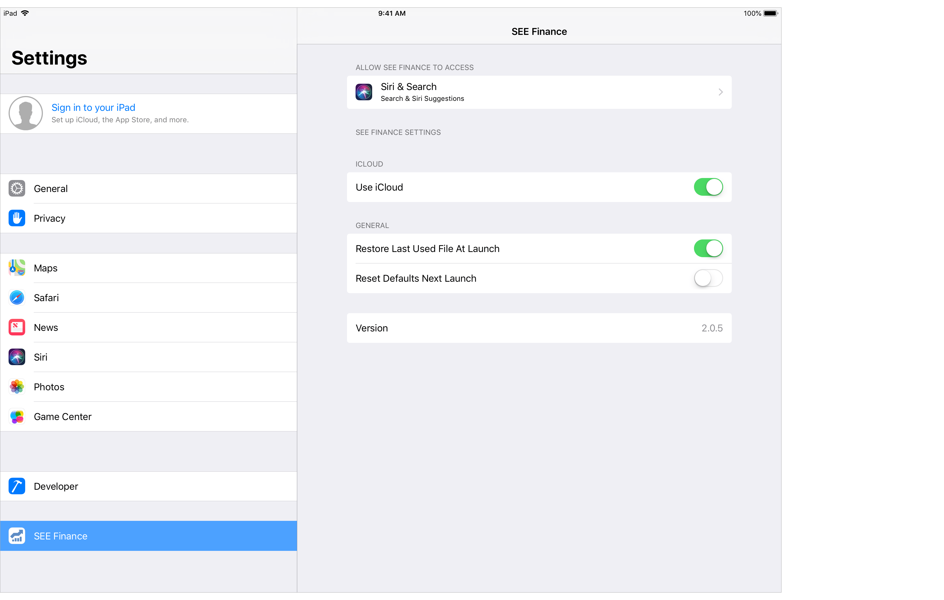 SEE Finance iOS Settings