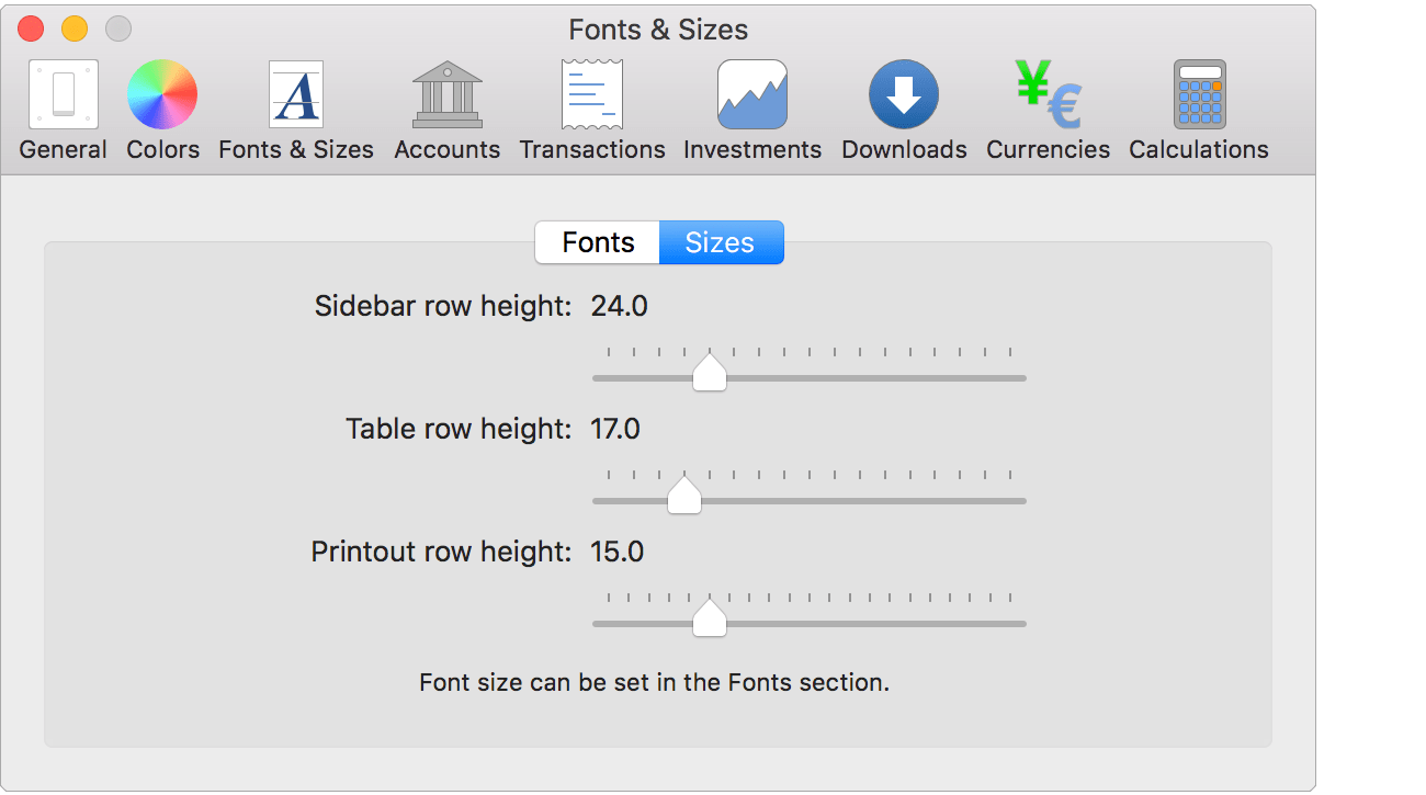 Fonts & Sizes - Sizes Preferences