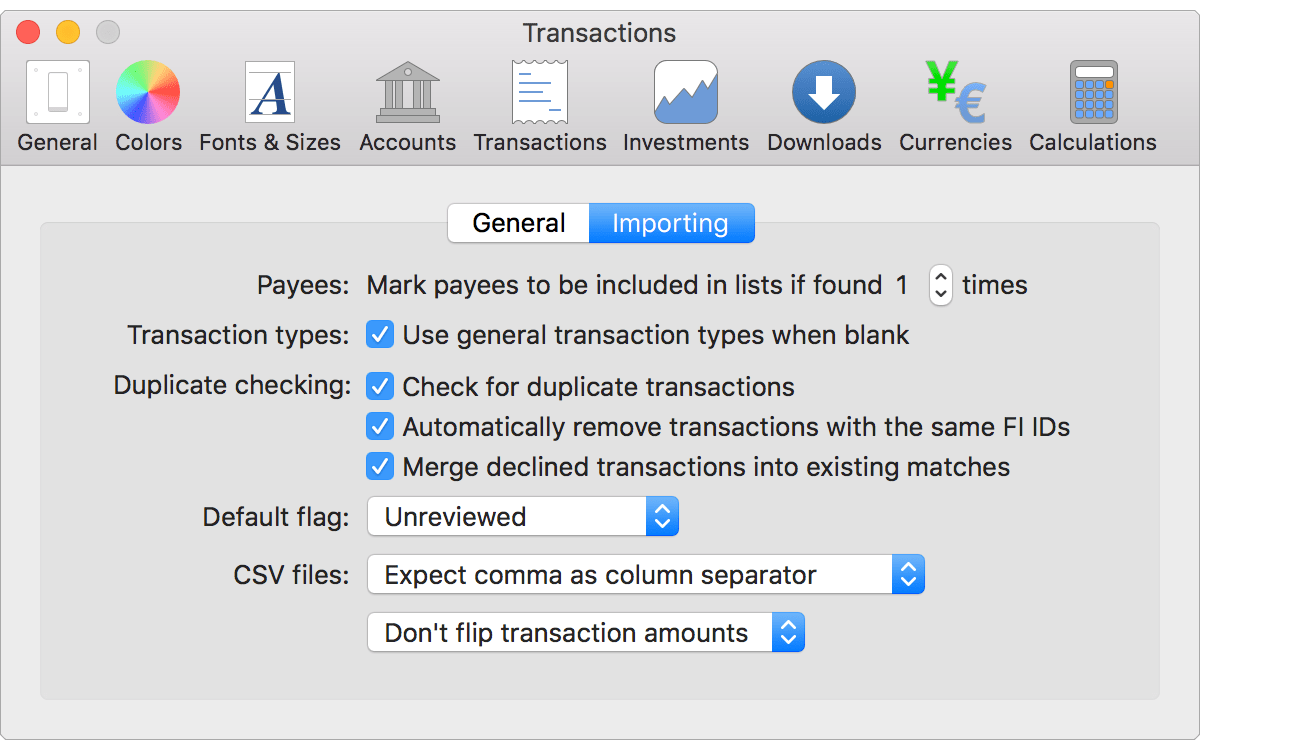 Transactions - Importing Preferences