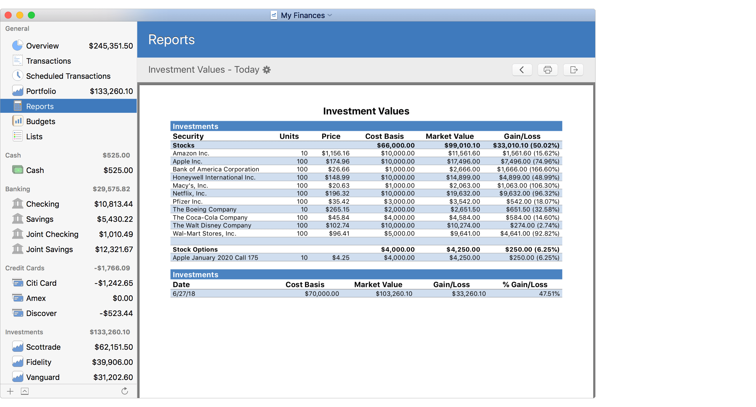 Investment Values Report