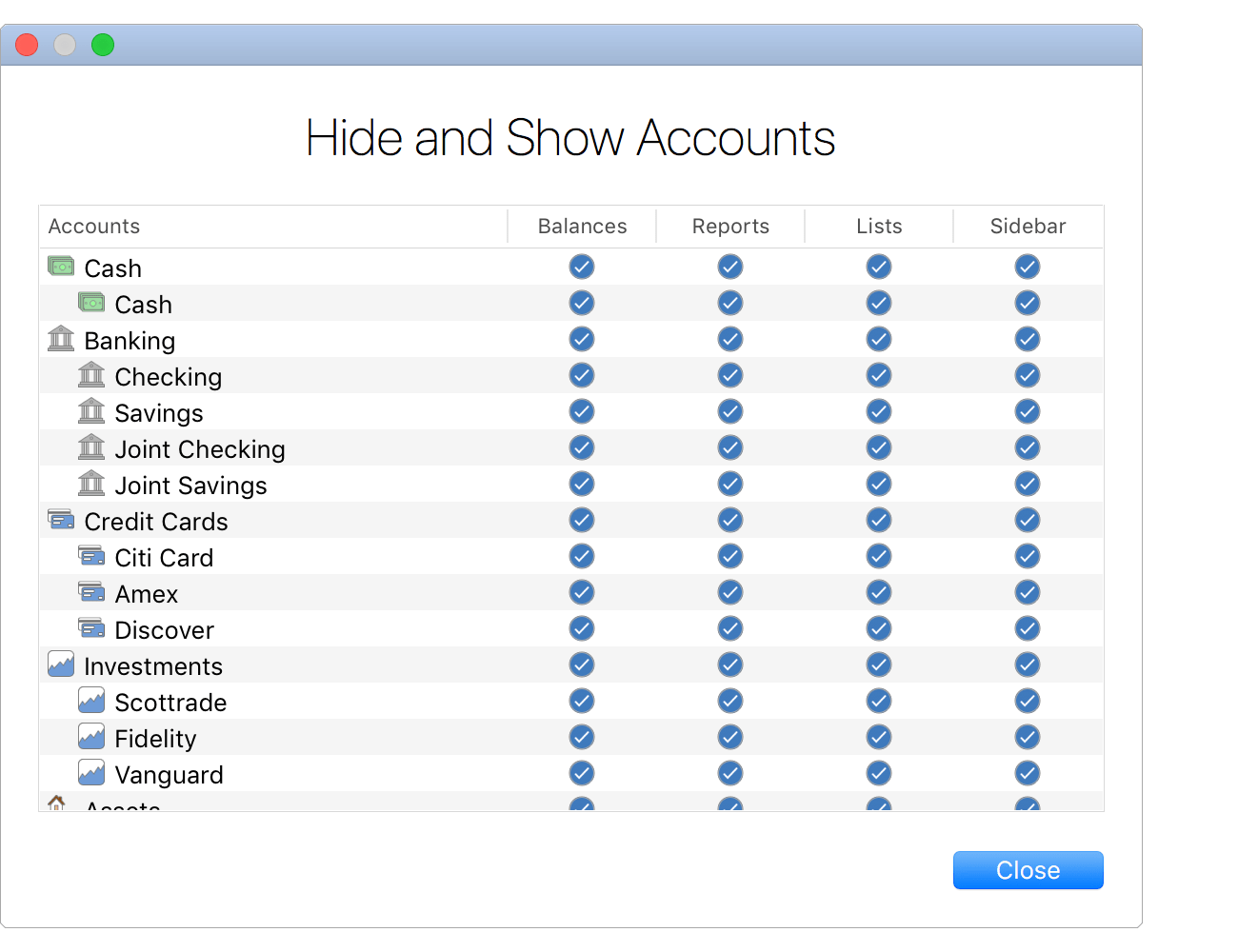 Hide and Show Accounts