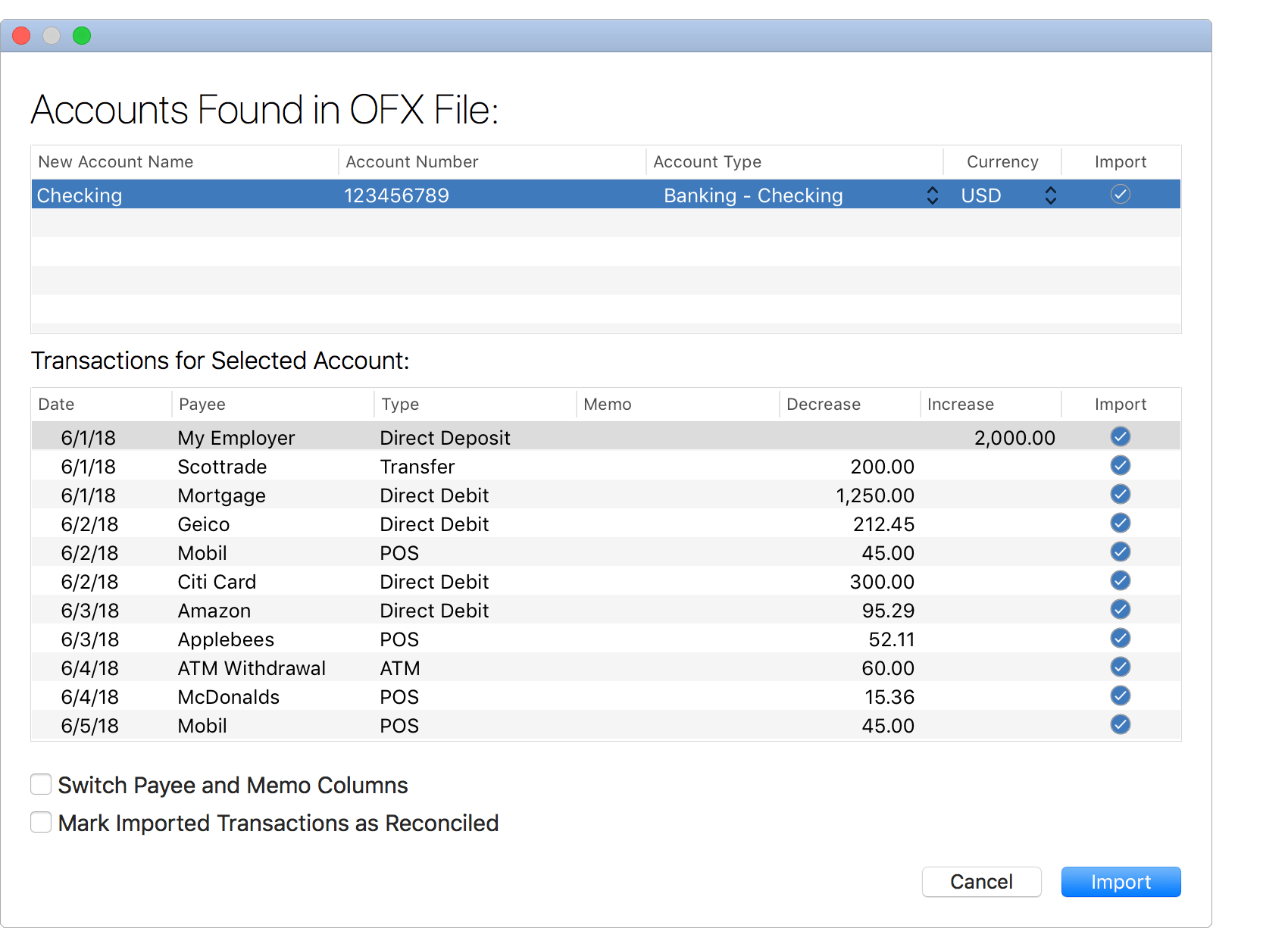 Import Accounts from OFX File