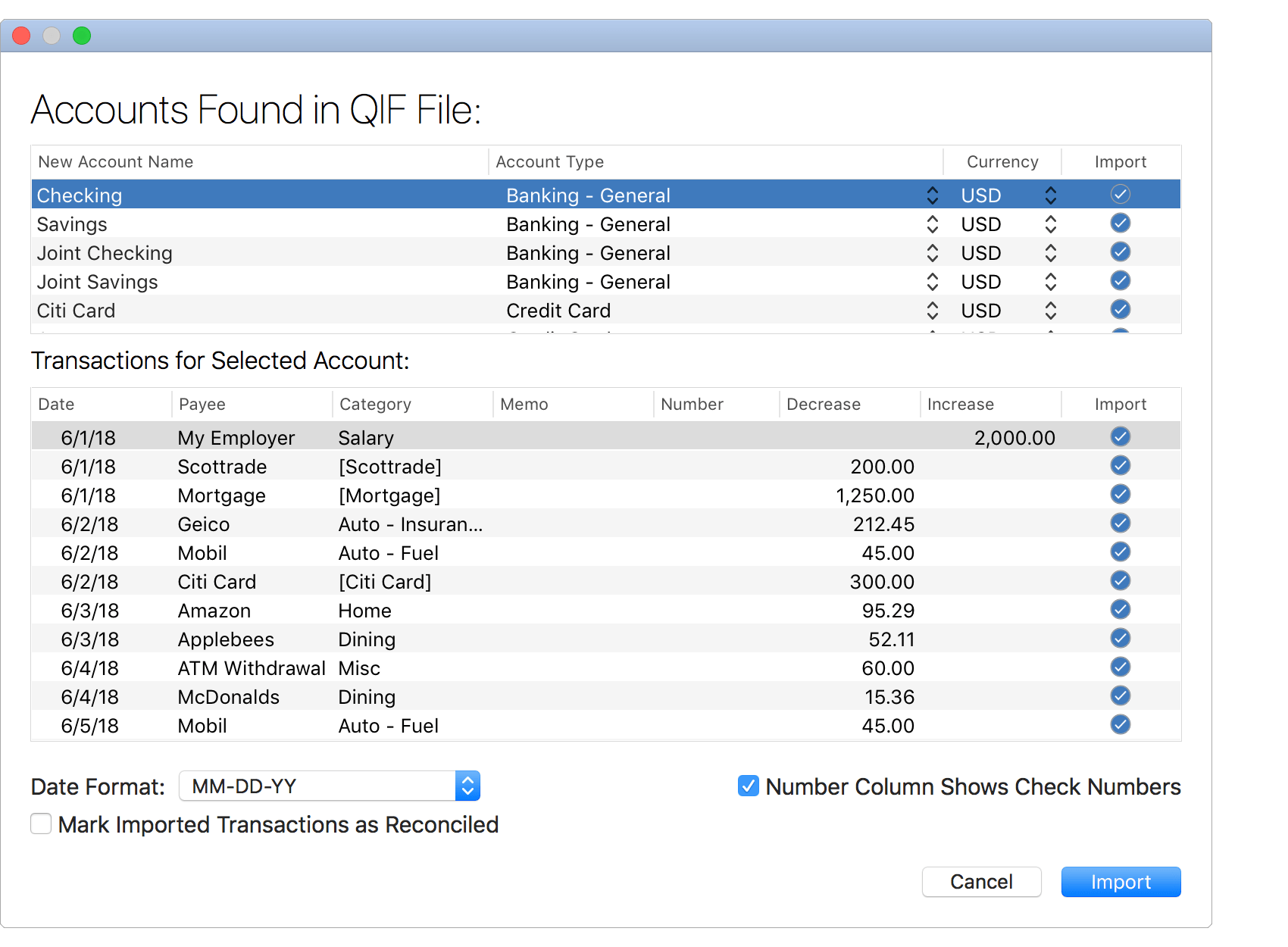 Import Accounts from QIF File