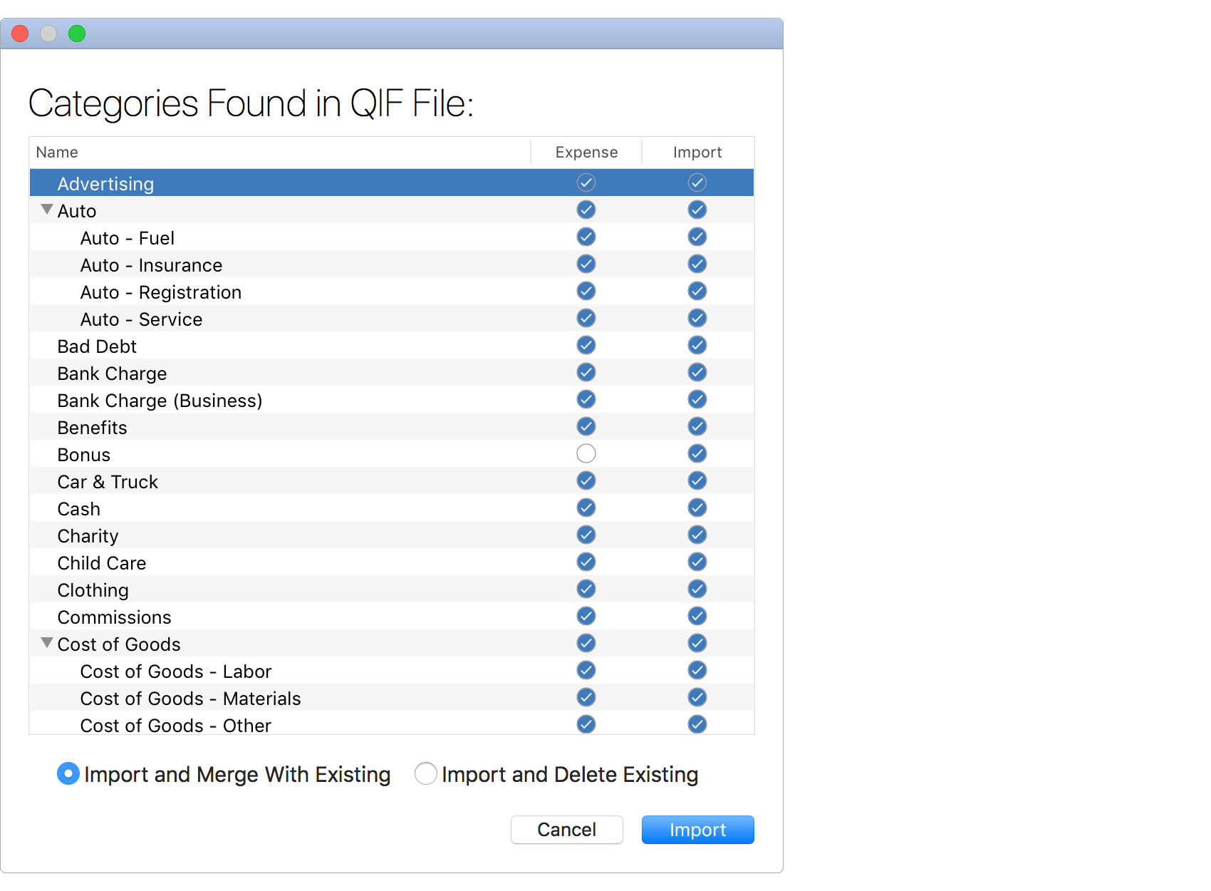 Import Categories from QIF File