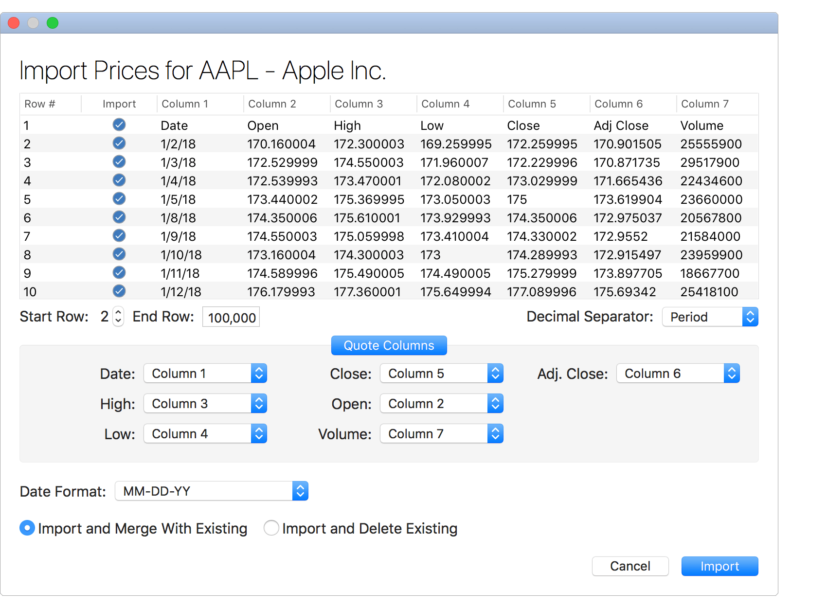 Import Historical Prices from CSV File