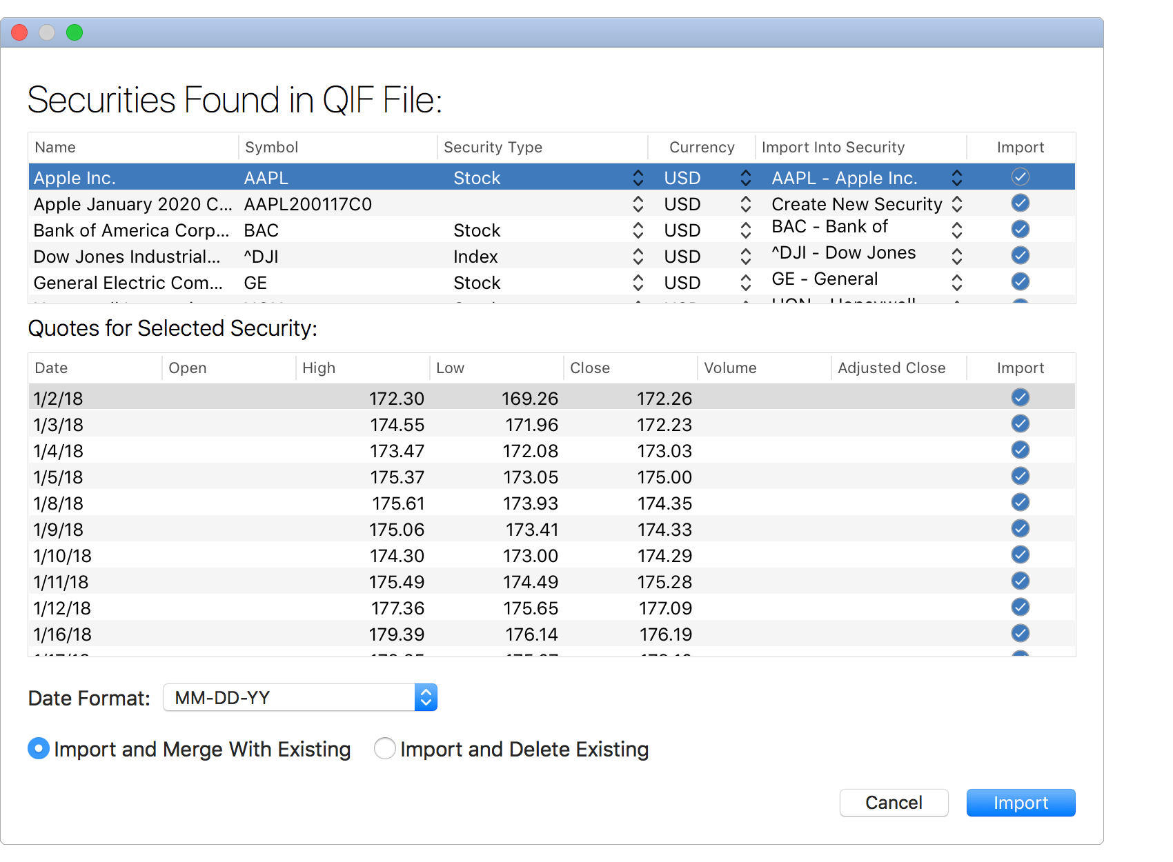 Import Historical Prices from QIF File