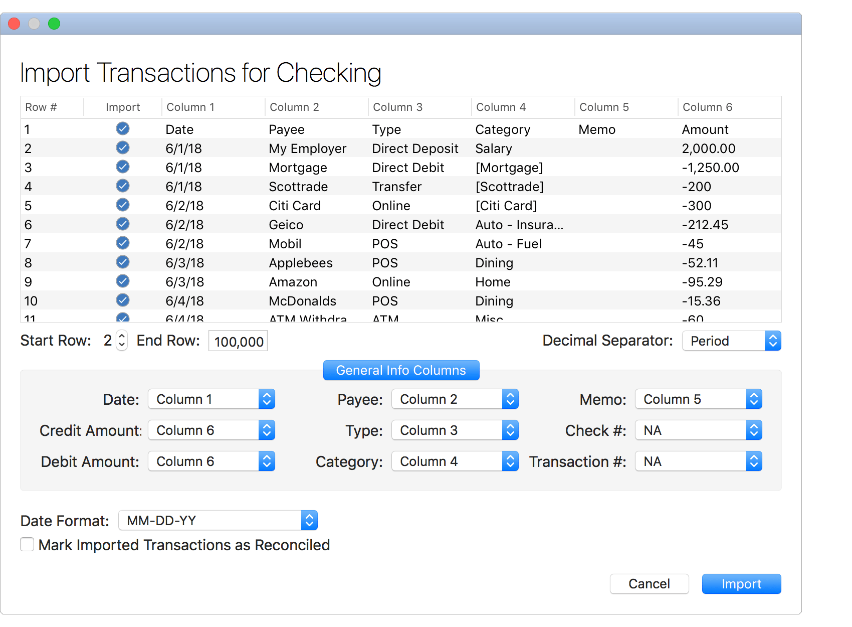 Import Transactions from CSV File