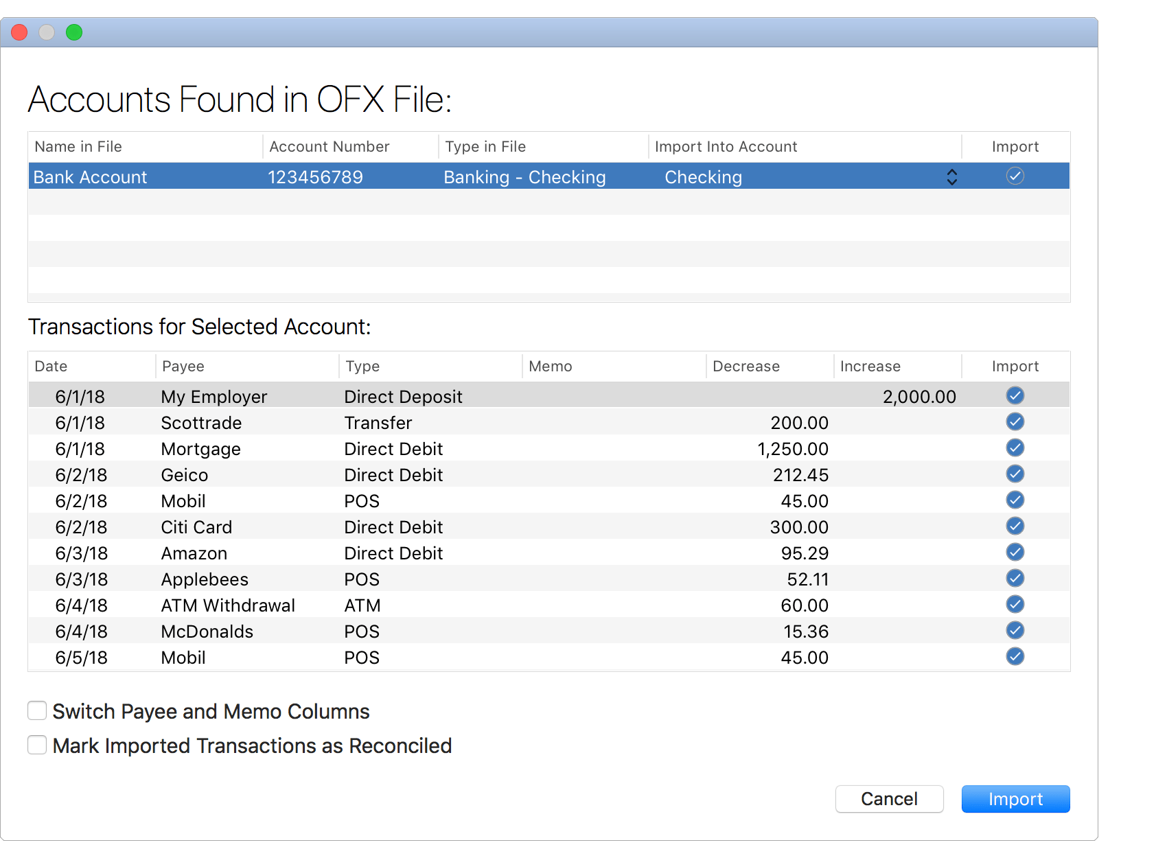 Import Transactions from OFX File