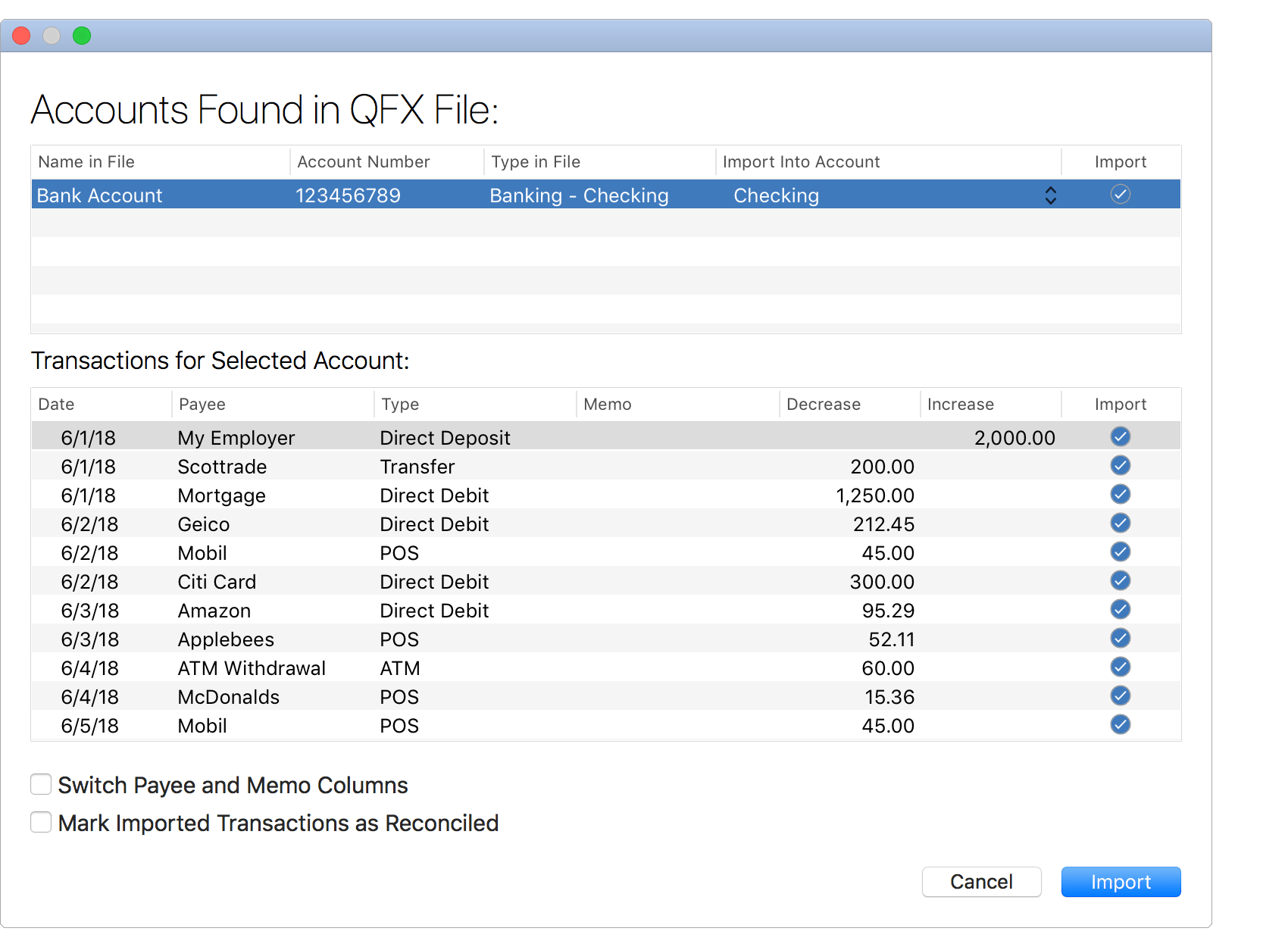 Import Transactions from QFX File