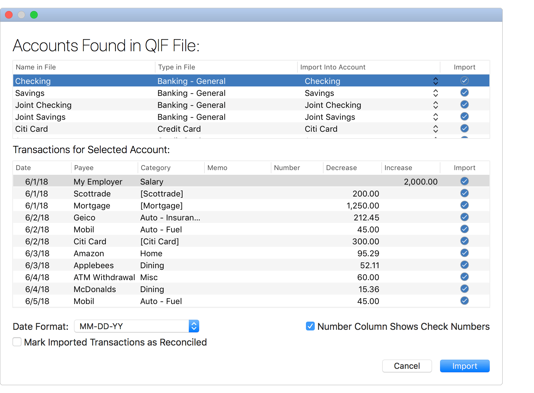 Import Transactions from QIF File