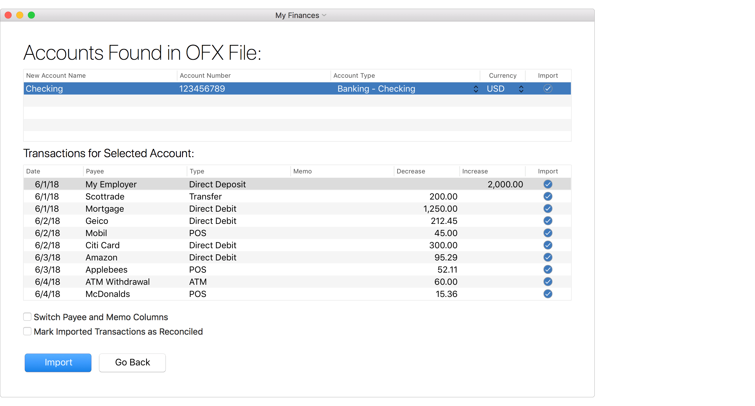 Import Accounts from OFX File