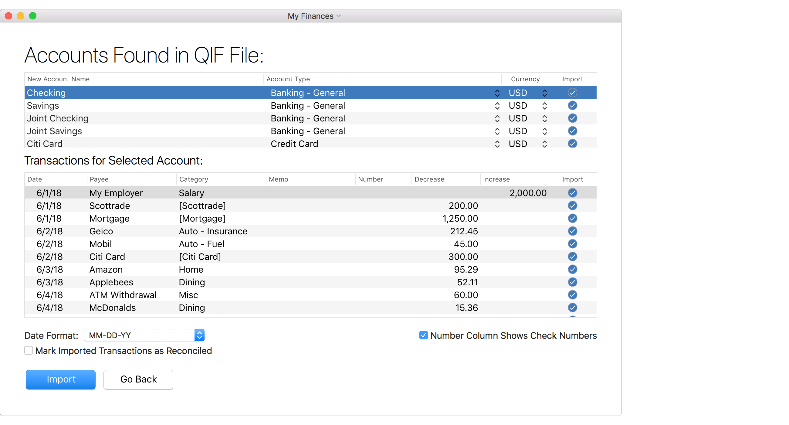 Import Accounts from QIF File